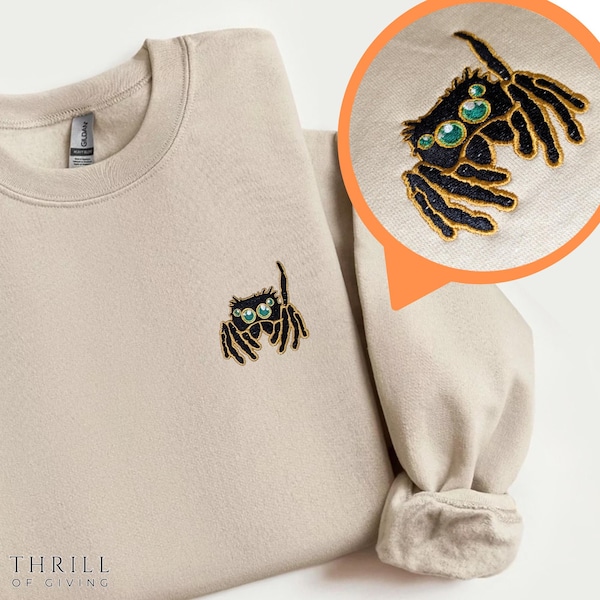 Embroidered Spider Sweatshirt: Minimalist Unisex tarantula Pullover, jumping spider sweater
