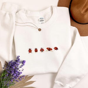 May include: White sweatshirt with a line of five red ladybirds, some with wings spread, printed on the front. The sweatshirt is lying on a light brown surface.
