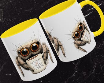 Spiders & Coffee Please MUG - Cute Jumping Spider Mug, Quirky Coffee Cup for Spider and Bug Lovers, Spider Lover Gift, Spider Teacup