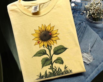 Lady Bugs & Sunflower T-shirt -  Comfort Colors, Nature Lover shirt, Gardener Tee, Cottagecore Aesthetic, Gift for Flower Lover,Flower Shirt