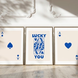 Set di 3 stampe estetiche retrò alla moda da parete, poster con carta Blue Ace, poster Lucky You, poster da parete alla moda, decorazione per la stanza Preppy DIGITALE