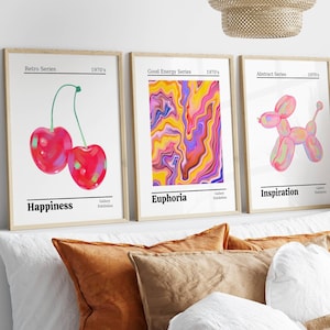 Trendy Holographic Set of 3,Colorful Gradient Poster,Cherry Poster,Ballooon Dog Print,Funky Y2k Poster,Vintage euphoria print