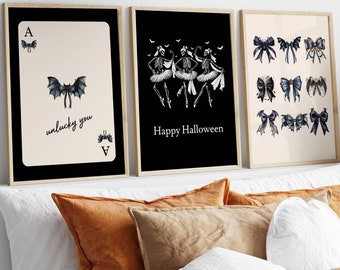 Trendy Halloween gallery wall art,halloween art print,Cute Fall Decor,Halloween Coquette Bow,Skeleton Dance Halloween,spooky season print
