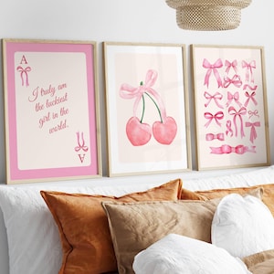 Ensemble de 3 décorations murales noeuds roses tendance, affiche preppy, décoration d'appartement universitaire, impression noeuds aquarelle, décoration de chambre coquette, art mural girly,