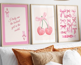 Conjunto de impresiones de acuarela con lazos rosas: Decoración de habitación femenina y coqueta (descarga digital)