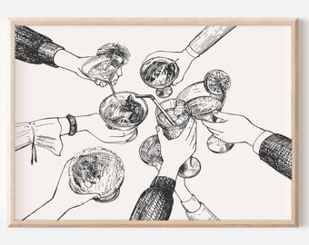 Puede incluir: Dibujo en blanco y negro de seis manos sosteniendo vasos de cócteles y brindando.