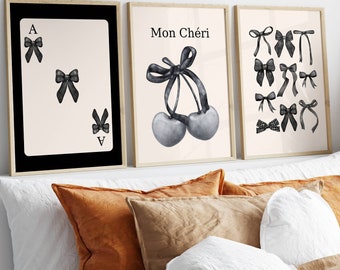 Trendy Black Bows Wall Art Set of 3, Preppy poster, College Apartment Decor, Watercolor Bows Print, Coquette Room Decor , Girly Wall Art,