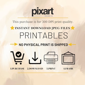 May include: A digital illustration showing the steps to purchase, download, print, and frame a printable. The illustration includes a shopping cart, a download arrow, a printer, and a picture frame. The text reads "INSTANT DOWNLOAD JPEG FILES PRINTABLES NO PHYSICAL PRINT IS SHIPPED 1.PURCHASE 2.DOWNLOAD 3.PRINT 4.FRAME"