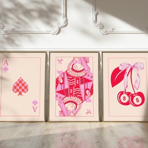 Trendy Retro Wall Art Set, Lucky You Poster, Trendy Aesthetic Print, Queen of Hearts Wall Art, Ace Card Print, Trendy Queen Funky Poster