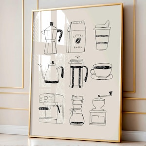 Barra de café dibujada a mano, arte de pared imprimible, diseño de póster para cocina, dibujo estético, decoración del hogar para sala de estar, póster de cocina