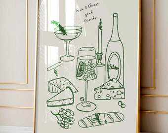 Green Wine and Cheese Kitchen decor,French Breakfast Print, Modern Dining Room Wall Art,Hand Drawn Minimalist Food Art,Retro kitchen decor