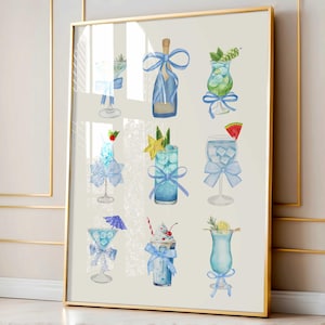 ブルー リボン カクテル 水彩画 プリント コケット ルーム デコレーション レトロ プレッピー ワイン シャンパン ウォール アート ソフト ガール 時代 フェミニン バー カート ポスター