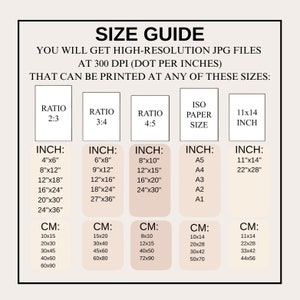 May include: A size guide for printable digital art, showing different aspect ratios and corresponding inch and centimeter measurements. The guide includes standard paper sizes like A5, A4, A3, A2, and A1.