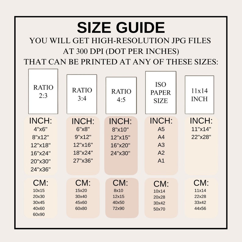 May include: A size guide for printable digital art, showing different aspect ratios and corresponding inch and centimeter measurements. The guide includes standard paper sizes like A5, A4, A3, A2, and A1.