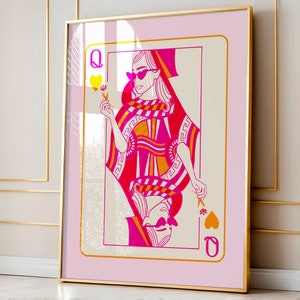 Queen of hearts pink wall art trendy apartment decor bar cart print,coquette wall art pink room decor,retro wall art trendy ace card poster