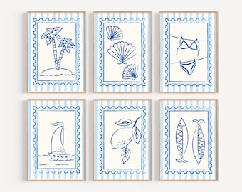 Watercolor Beach Stamp Print Set: Coastal Decor (Digital Download, Set of 6 Prints)