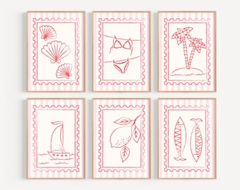 Watercolor Beach Stamp Print Set: Coastal Decor (Digital Download, Set of 6 Prints)