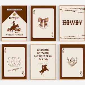 Set di 6 stampe da parete western, poster del selvaggio West con stampe da cowboy, fiocco da cowgirl western, stampa ispirata alle carte da gioco con stampa da cowboy, arredamento sud-occidentale