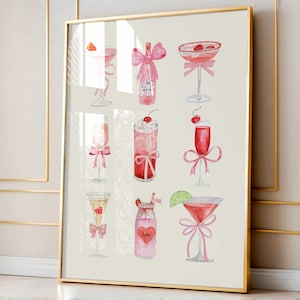 Rose noeuds cocktail impression aquarelle coquette décoration de chambre rétro preppy vin champagne art mural soft girl époque féminine bar chariot affiche