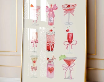Impresión de acuarela de cóctel con lazos rosas: Decoración elegante para carrito de bar (descarga digital)