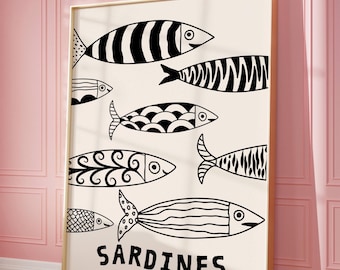 Set di stampe retrò Sardine: decorazione da parete per la cucina (download digitale)
