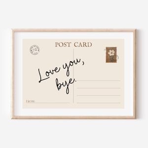 Love You Bye, poster cartolina vintage, stampa citazione alla moda, estetica retrò appartamento, arte murale romantica, grazioso arredamento ingresso, download digitale