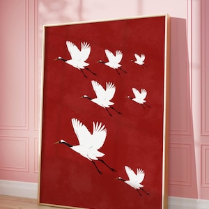 Japandi Flying Cranes Print: Vintage Japanese Gallery Wall Art (Digital Download)