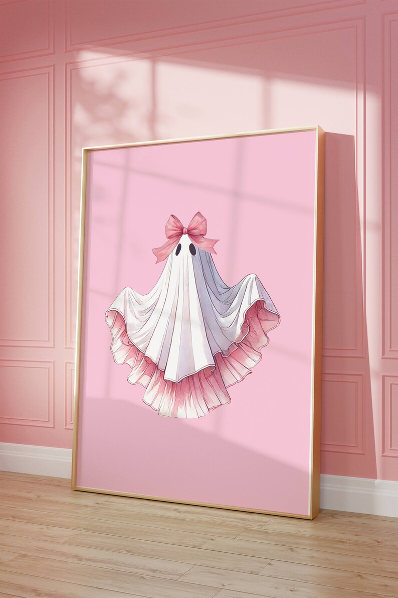 May include: A white ghost wearing a pink ruffled dress and a pink bow. The ghost is on a pink background.