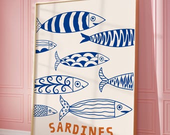 Stampa retrò di sardine: decorazione da parete per la cucina (download digitale)