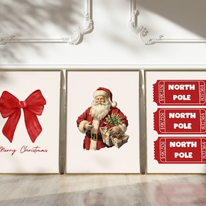 Impresión navideña, boleto para el polo norte, impresión roja, decoración navideña, lazos de moda, impresión navideña, arte de pared navideño, decoración navideña, impresión de Papá Noel