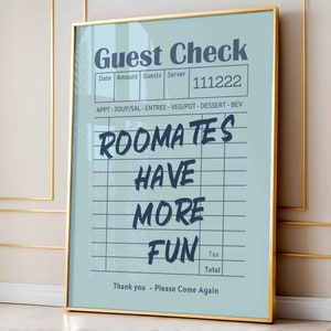 Trendy Blue Guest Check Funny Roomates Print,Funny Quote for College Dorm Blue Aesthetic Poster,Guest Check Poster,Aesthetic Girly Wall Art