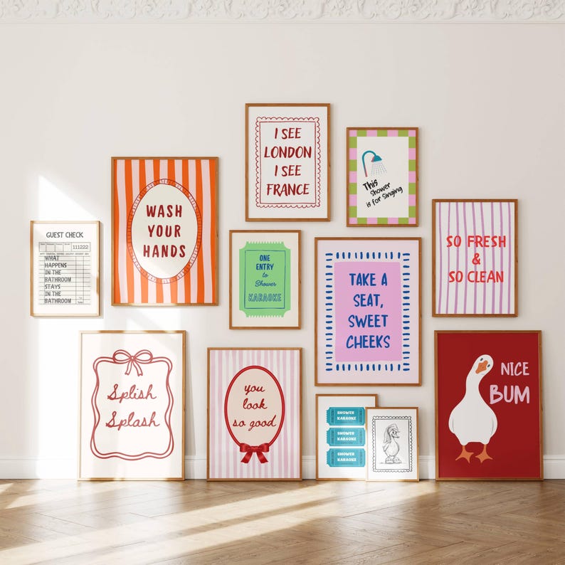 Funny Bathroom Prints Set of 12, Eclectic Gallery Wall Set, Dopamine ...
