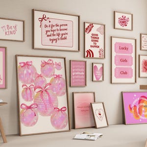 Trendy muurkunst set van 15 bundelafdrukken preppy kamerdecoratie, preppy esthetische roze muurkunst slaapzaalinrichting, appartementinrichting esthetische muurkunst