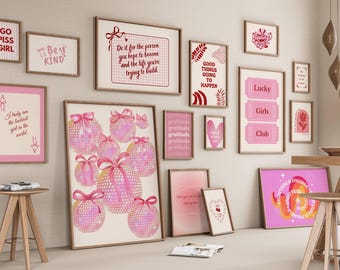 Impressões de arte de parede rosa preppy: conjunto de 15 itens para decoração de dormitório (download digital)