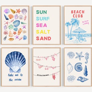 Paquete de arte de pared de galería costera, lindas impresiones de arte de verano, arte de pared femenino, decoración de casa de playa de moda, estética de nieta costera, digital