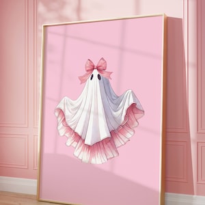 May include: A white ghost wearing a pink ruffled dress and a pink bow. The ghost is on a pink background.