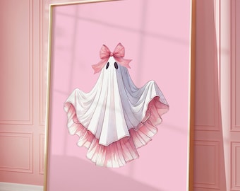 Pink Bow Ghost Art Print: trendy halloweendecor (digitale download)