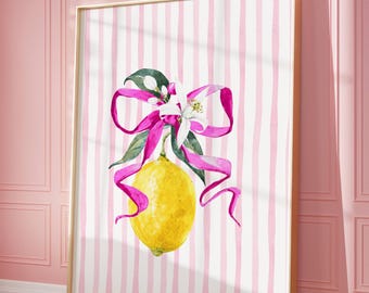 Lemon Art Print: Pink Stripes, Kitchen Wall Decor (Digital Download)