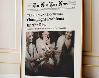 Impressão de jornal sobre problemas com champanhe: arte moderna para parede de dormitório (download digital)