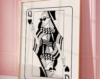 Queen of Hearts Card Art Print, Retro Dorm Decor (Digital Download)