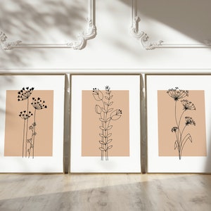 Botanical Line Art Print Set: Beige Flower Wall Decor (Digital Download)