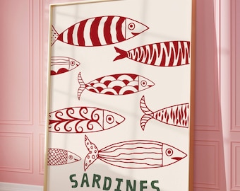 Stampa retrò di sardine: decorazione da parete per la cucina (download digitale)