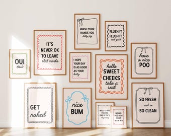 Funny Bathroom Prints Set of 12, Eclectic Gallery Wall Set, Dopamine Decor (Digital Download)