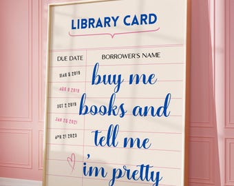 Bookish Library Card Print: Reader Gift, Blue Wall Art (Digital Download)