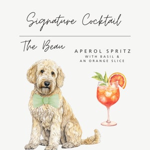 Signature Cocktailbar Schild Goldendoodle mit grüner Fliege, Aperol Spritz, Hochzeit, Verlobung oder Party Schild, Hund, 8x10, bearbeitbare Vorlage