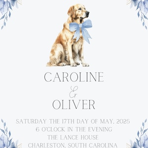 May include: Wedding invitation with a watercolour illustration of a golden retriever wearing a blue bow. The invitation includes the names Caroline & Oliver, date, time, location, and the words "Save the date."