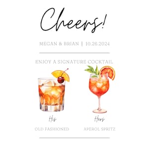 Placa de bar de bebidas Cheers Signature, cartão de mesa, antigo, Aperol Spritz, dele e dela, casamento ou evento especial, modelo, editável, quadrado