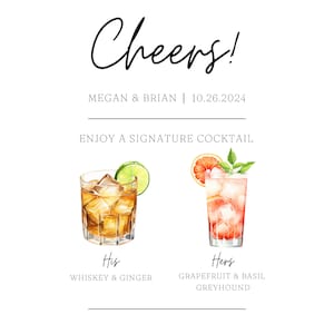 Cheers Signature Drink Bar Sign o Table Card, Greyhound, Whiskey Ginger, Lui e Lei, Matrimonio o Evento Speciale, Modello, Modificabile, Quadrato