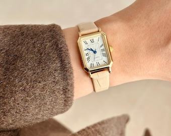 Square Rectangular Vintage Women watch, White Faux Leather Band, White Dial, Vintage Design, Present for Her, Gift for Her, Roman Numeral