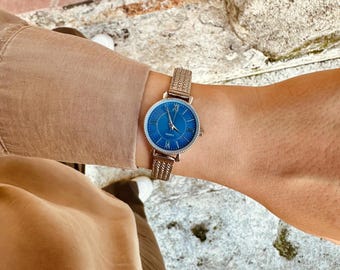 Round Vintage Women watch, Silver Colour Woman Watch, Blue Dial, Vintage Design, Present for Her, Gift for Her, Roman Numeral
